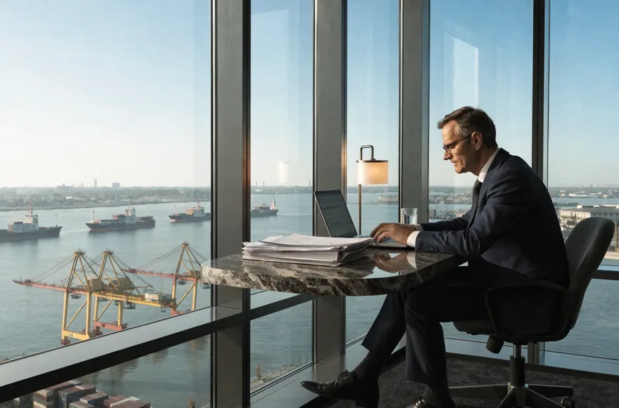 A licensed broker reviewing entries on a laptop by a window overlooking a port.