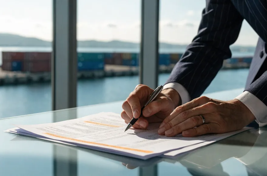 Hands signing customs paperwork at a glass desk overlooking a container port.