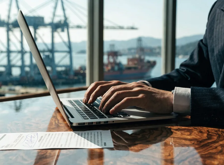 A broker correcting entry details on a laptop at a port-side desk.